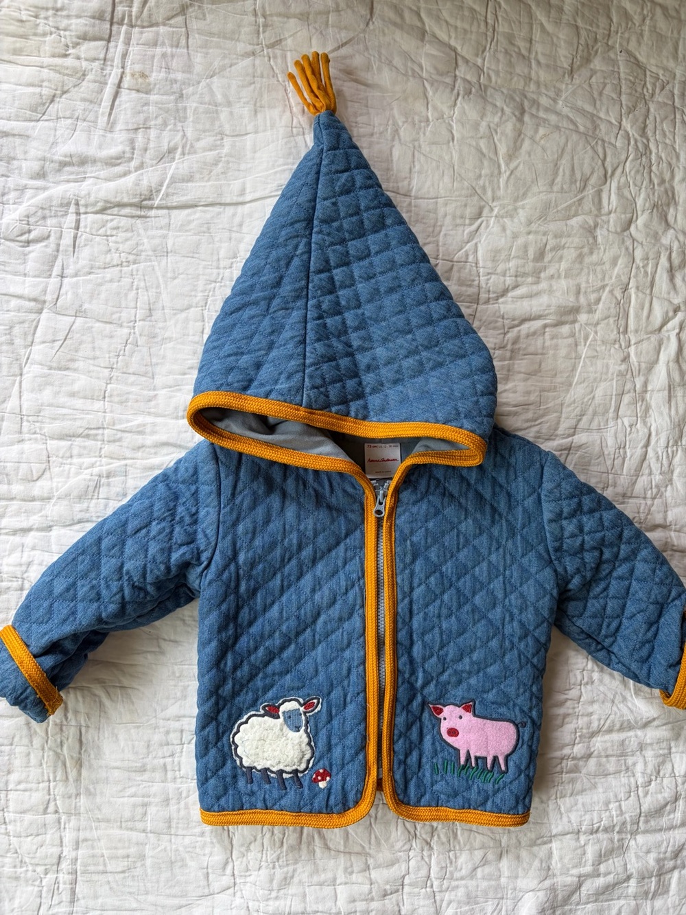 Hanna Andersson Blue Quilted Hooded Jacket with Yellow Trim